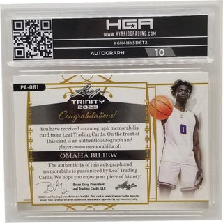 Omaha Biliew: 2022-23 Leaf Trinity Patch Autograph Gold #PA-OB1 HGA 9.5