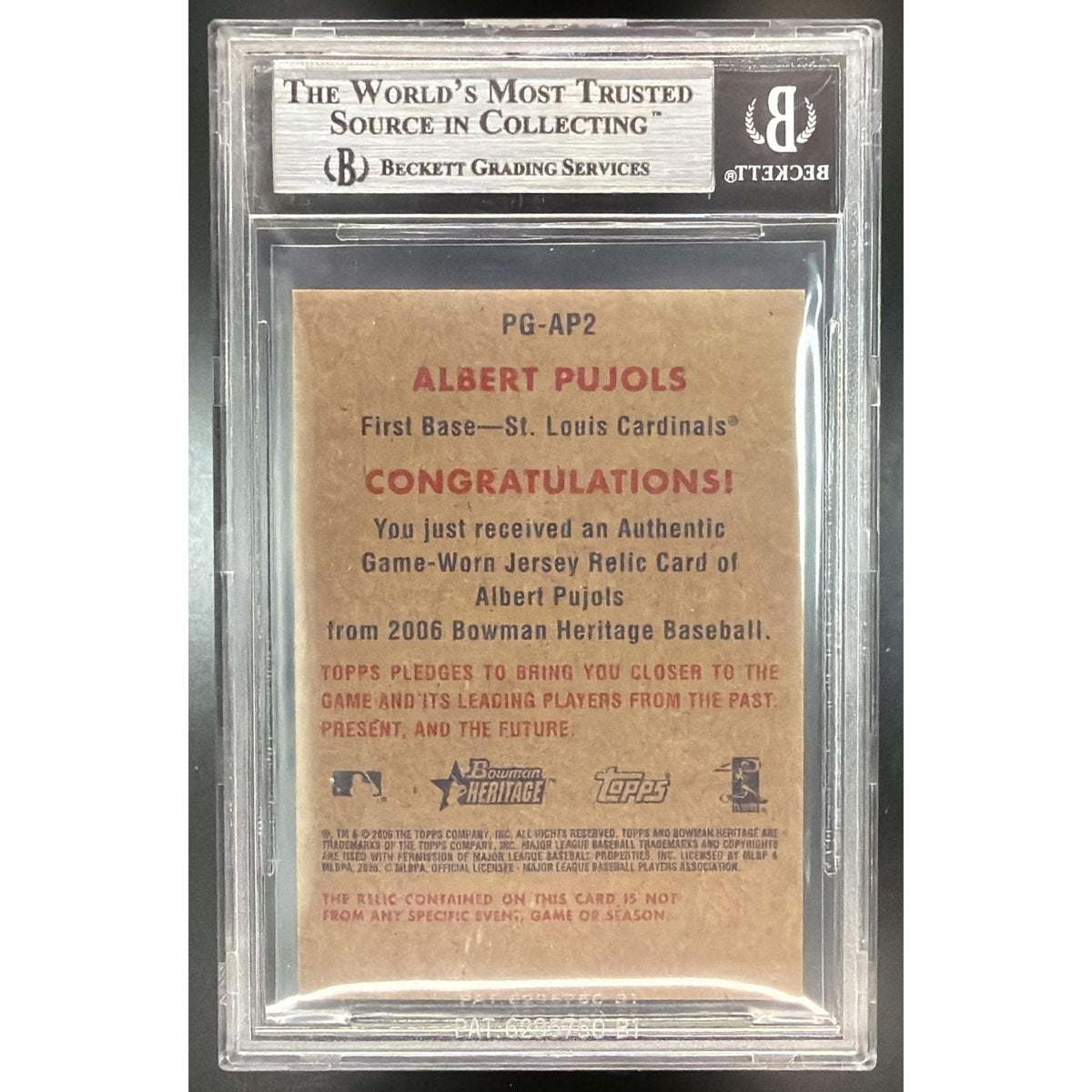 Albert Pujols 2006 Bowman Heritage #AP2 Beckett 9