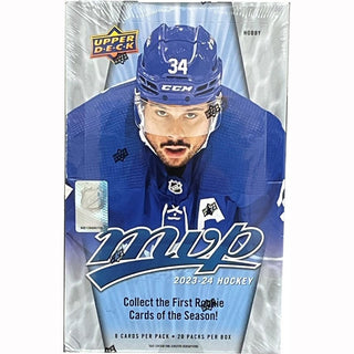 Score with the 2023-24 Upper Deck MVP Hockey Hobby Box! Every box is a winner - you'll get Twenty Base Set Ice Battles Parallels Cards, Ten Base Set High Series Star & Rookie SP Cards, Five Base Set Silver Script Parallel Cards, Five Alternative Threads/Stars of the Rink, Four 20th Anniversary Cards, Four Ice Reps Cards, One Colors & Contours/20th Anniversary Parallel Card, and the grand finale - One Rare Hit Card! Get ready for the ultimate hockey experience!  8 Cards per Pack 20 Packs per Box