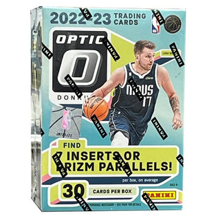Discover exciting basketball cards in the 2022-23 Donruss Optic Basketball Blaster! You'll find seven inserts or prizm parallels in each box, from Greek Shock Prizms to Ultra-Rare Checkerboard Prizms. With five cards per pack and six packs per box, this blaster is sure to provide a thrilling experience with every opening. What surprises will you find?
