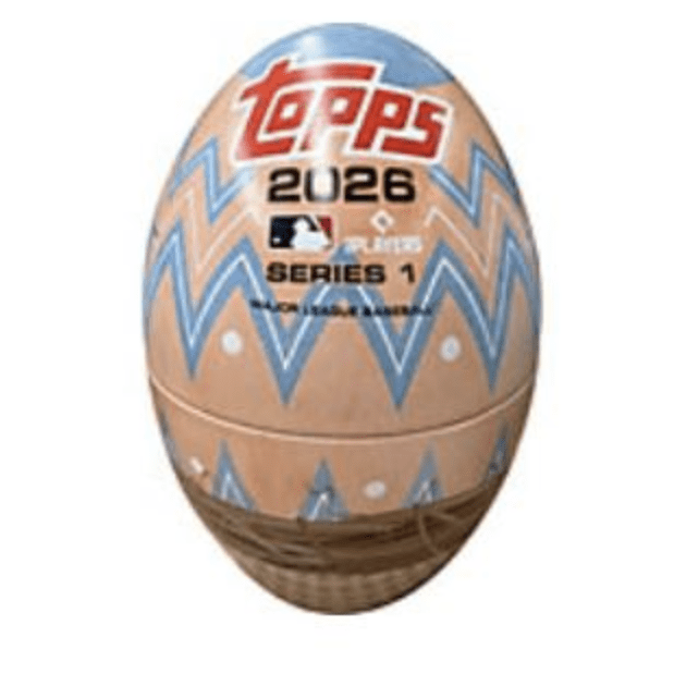 2026 Topps Baseball Series 1 retail tin shaped like an Easter egg featuring festive graphics and sealed card packs