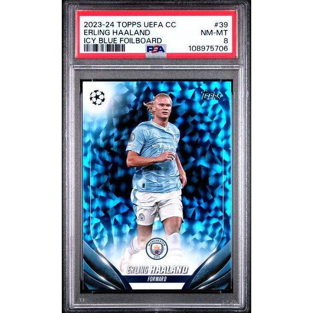 2023-24 Topps UEFA CC #39 Erling Haalamd Icy Blue Foilboard PSA 8
