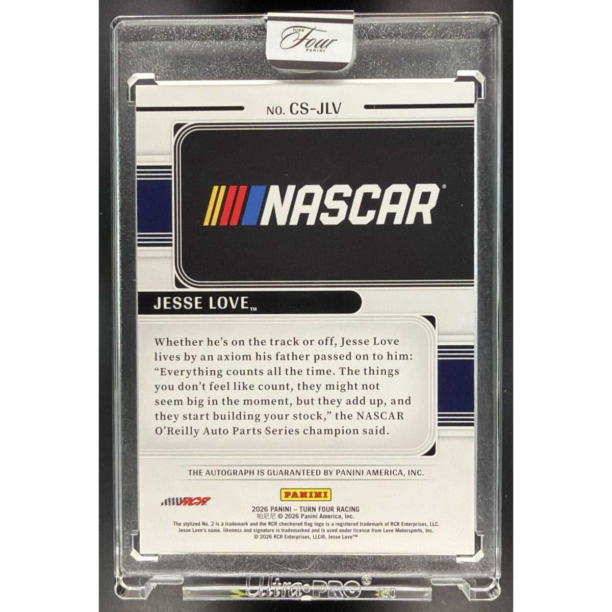 2026 Panini Turn Four Racing Center Stage - Blue Jesse Love #CS-JLV Autograph 06/35 Non-Graded