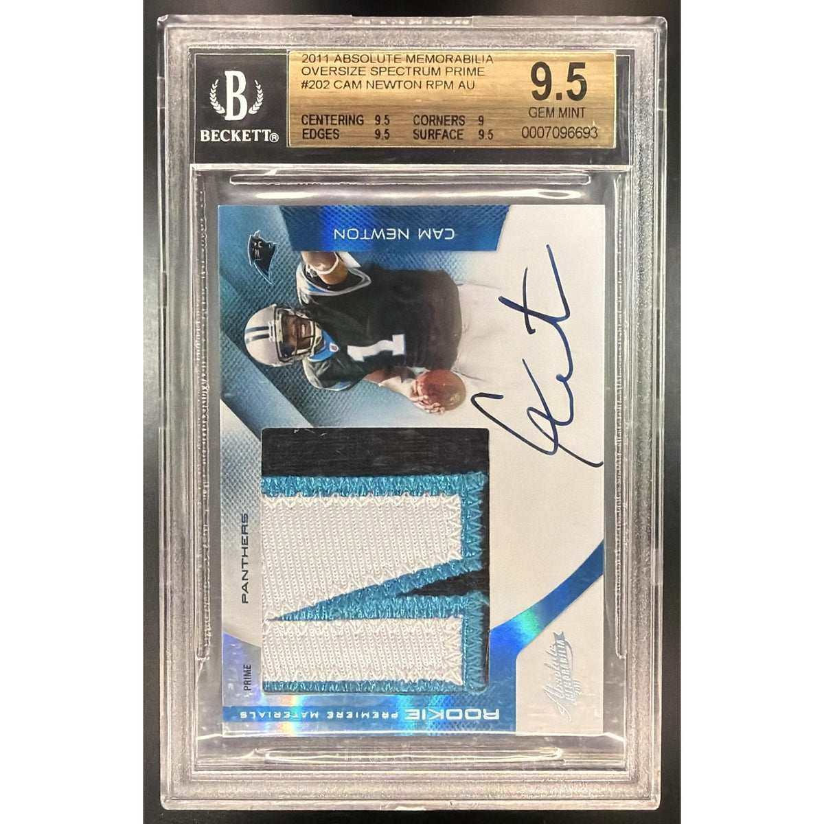 2011 Absolute Memorabilia Cam Newton rookie card graded BGS 9.5 with jersey swatch and autograph