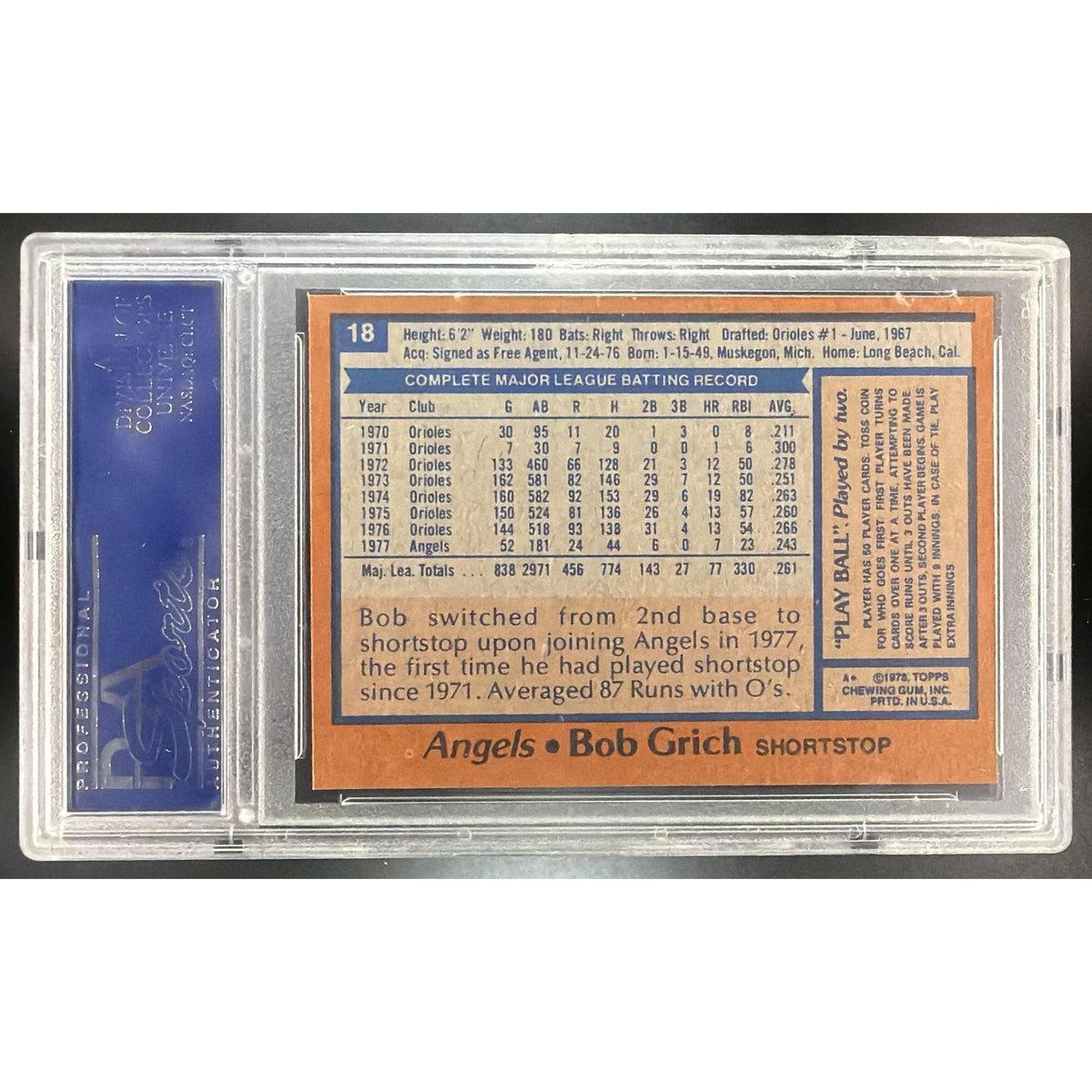 Bob Grich 1978 Topps #18 PSA 8