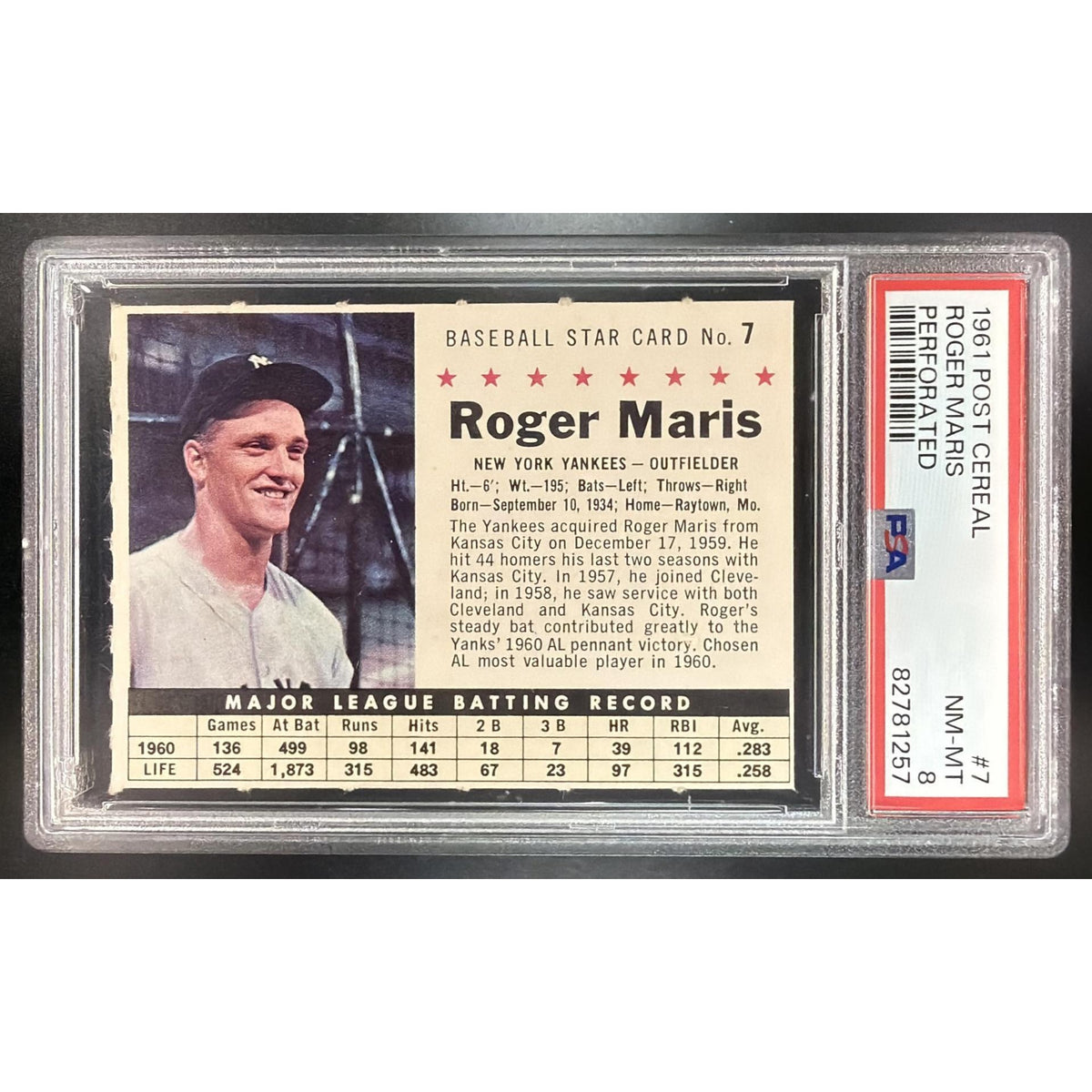 Roger Maris 1961 Post Cereal Perforated #7 PSA 8