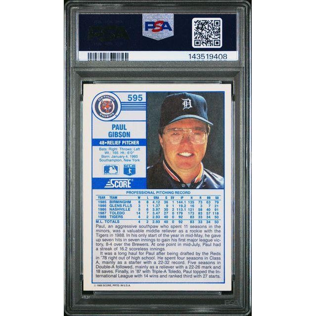 Paul Gibson 1989 Score Player Adjusting Cup #595 PSA 8