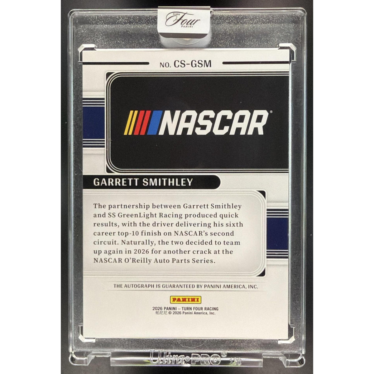 2026 Panini Turn Four Racing Center Stage-Purple Garrett Smithley #CS-GSM Autograph 16/25 Non-Graded