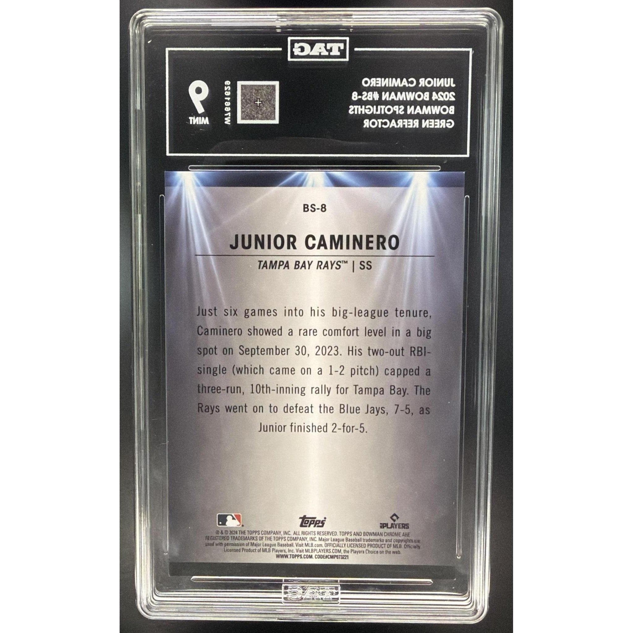 Junior Caminero 2024 Bowman Spotlights Green Refractor #BS-8 TAG 9 #11/99