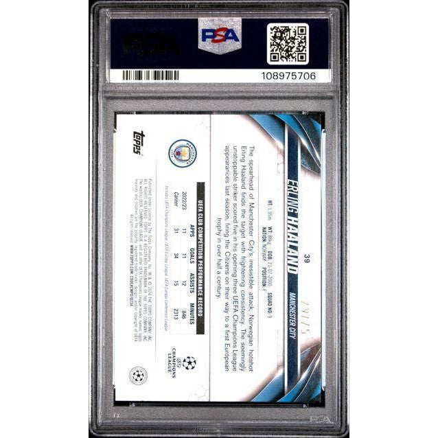 2023-24 Topps UEFA CC #39 Erling Haalamd Icy Blue Foilboard PSA 8
