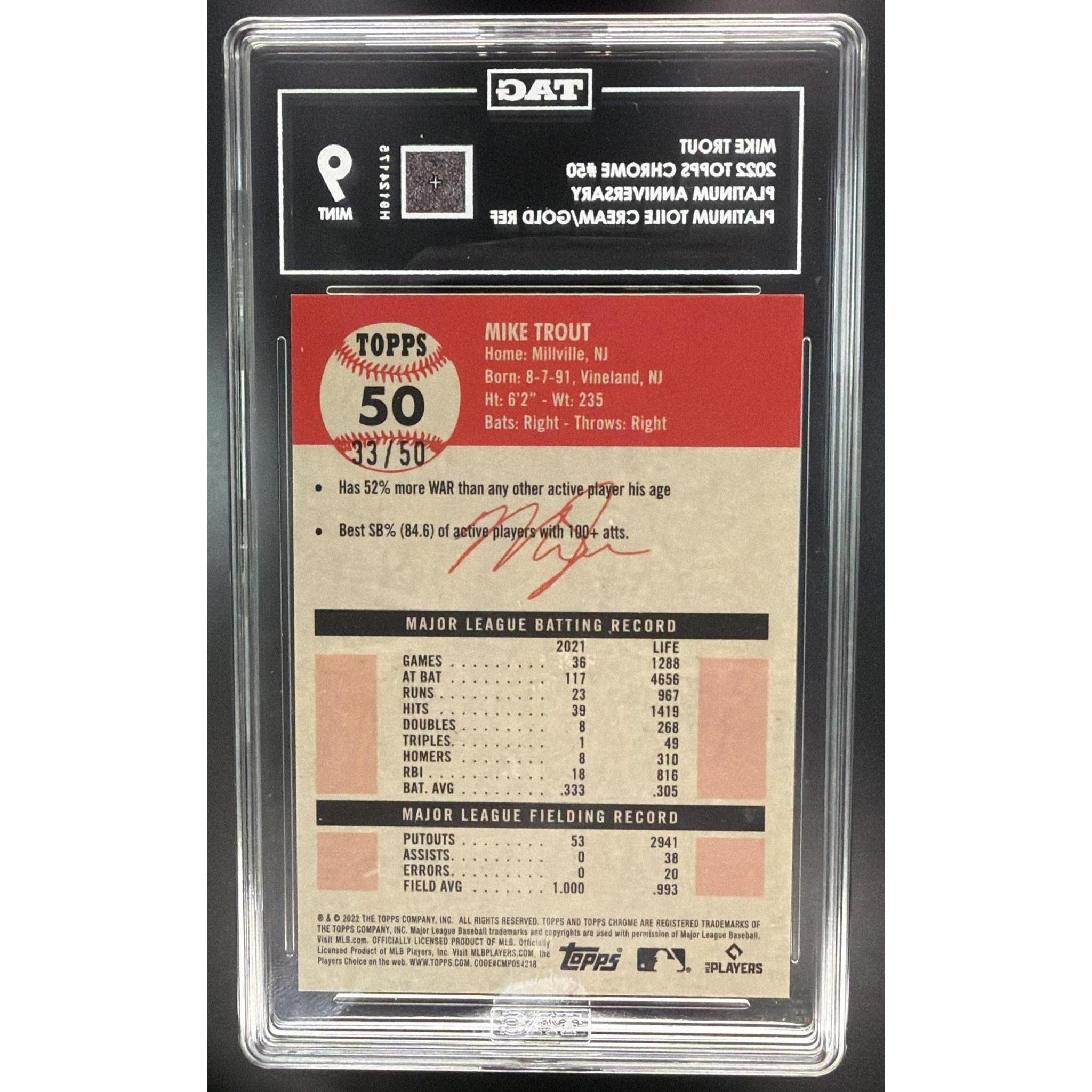 Mike Trout 2022 Topps Chrome Platinum Anniversary Toile Cream Gold Refractor #/50 TAG 9
