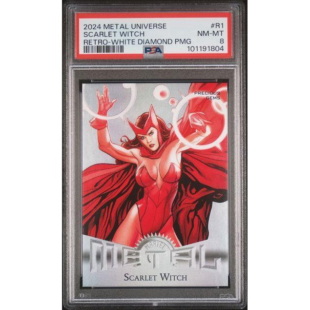 2024 Skybox Metal Universe Avengers Retro #R1 Scarlet Witch Retro-White Diamond PMG PSA 8