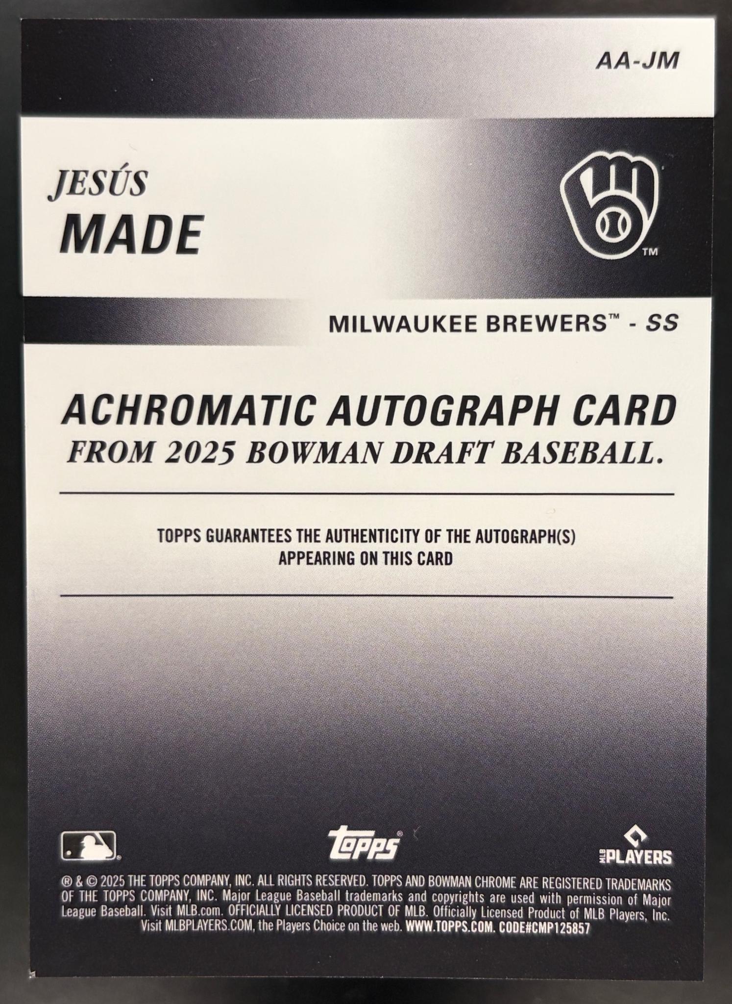 Jesus Made 2025 Topps Bowman Chrome Achromatic Auto. Card -Bowman Draft Baseball #AA-JM 27/50