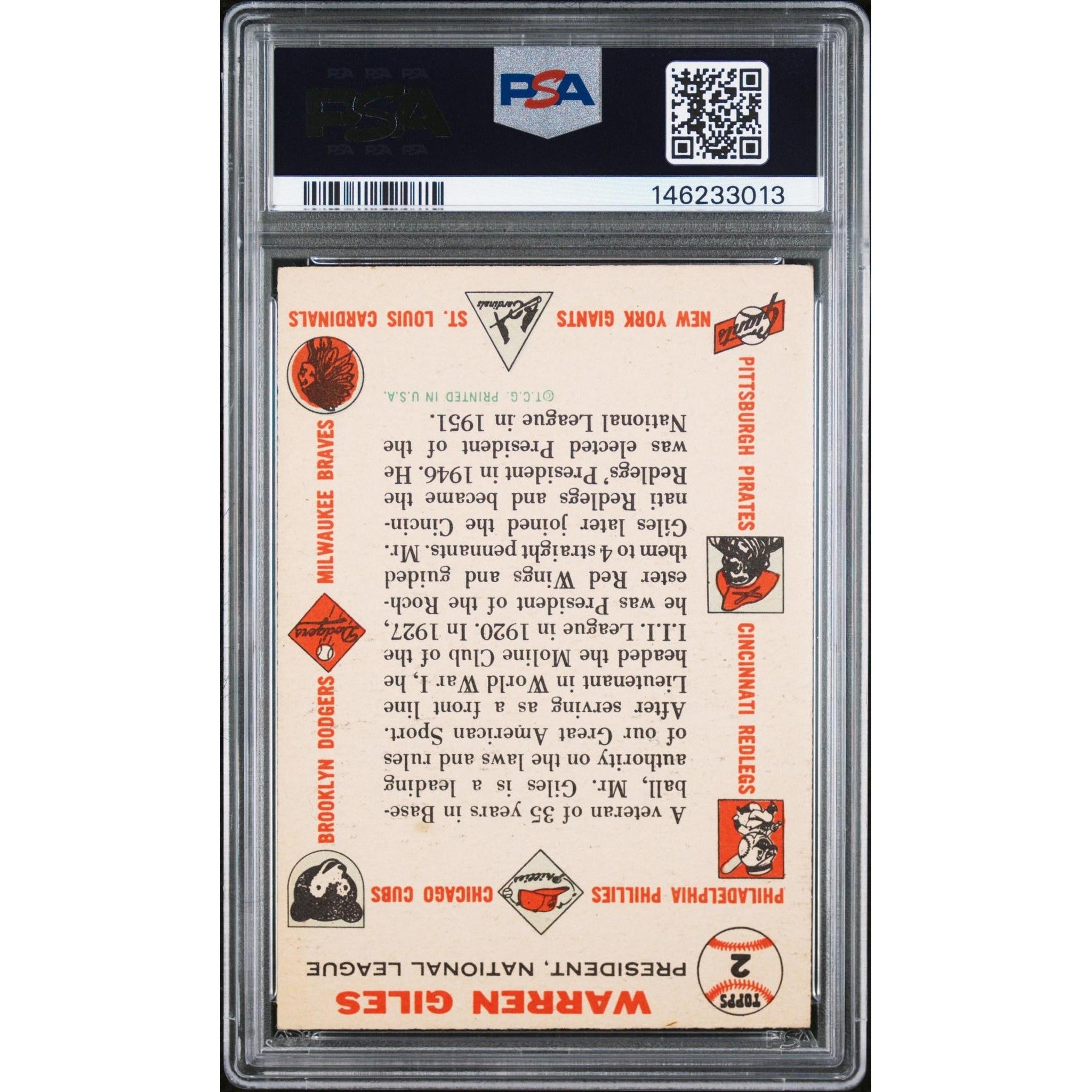 Warren Giles 1956 Topps White Back #2 PSA 5