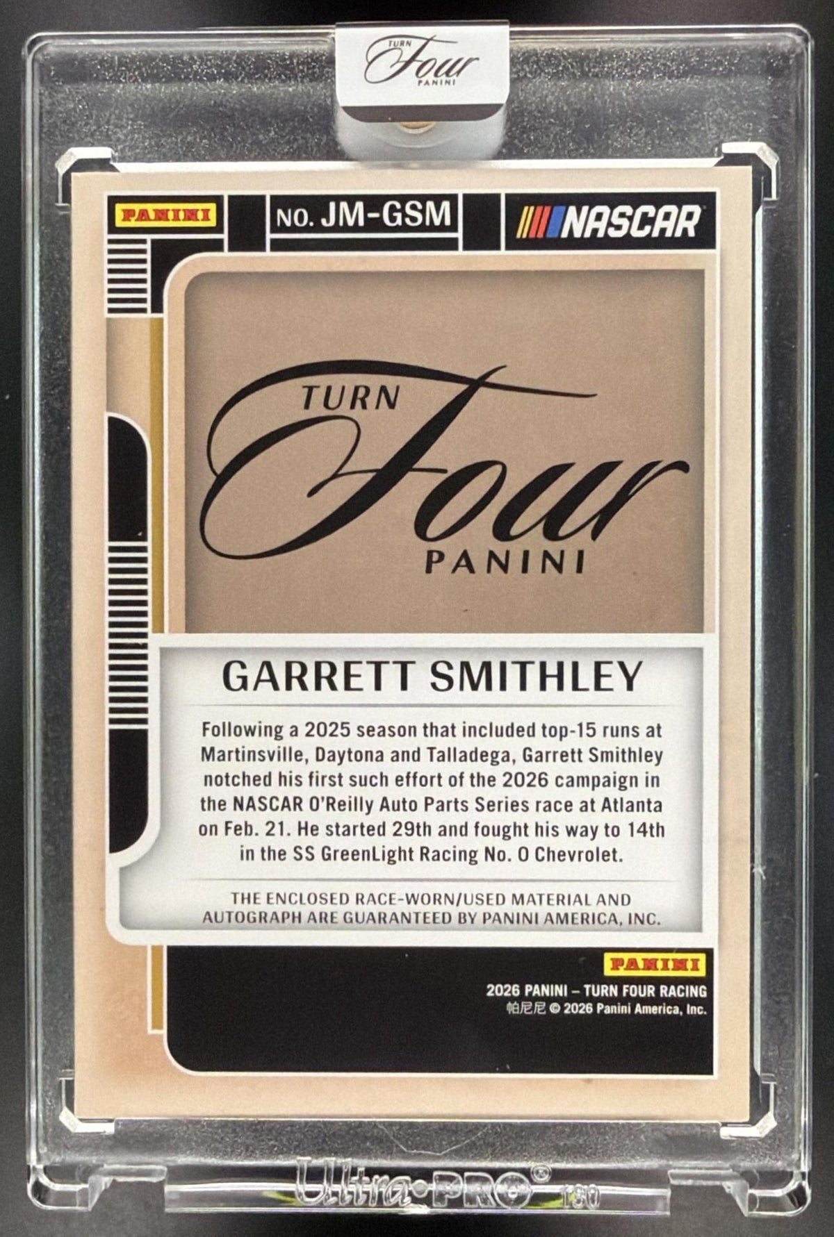 2026 Panini Four Racing Garrett Smithley #JM-GSM Jumbo Memorabilia 12/20 Non-Graded