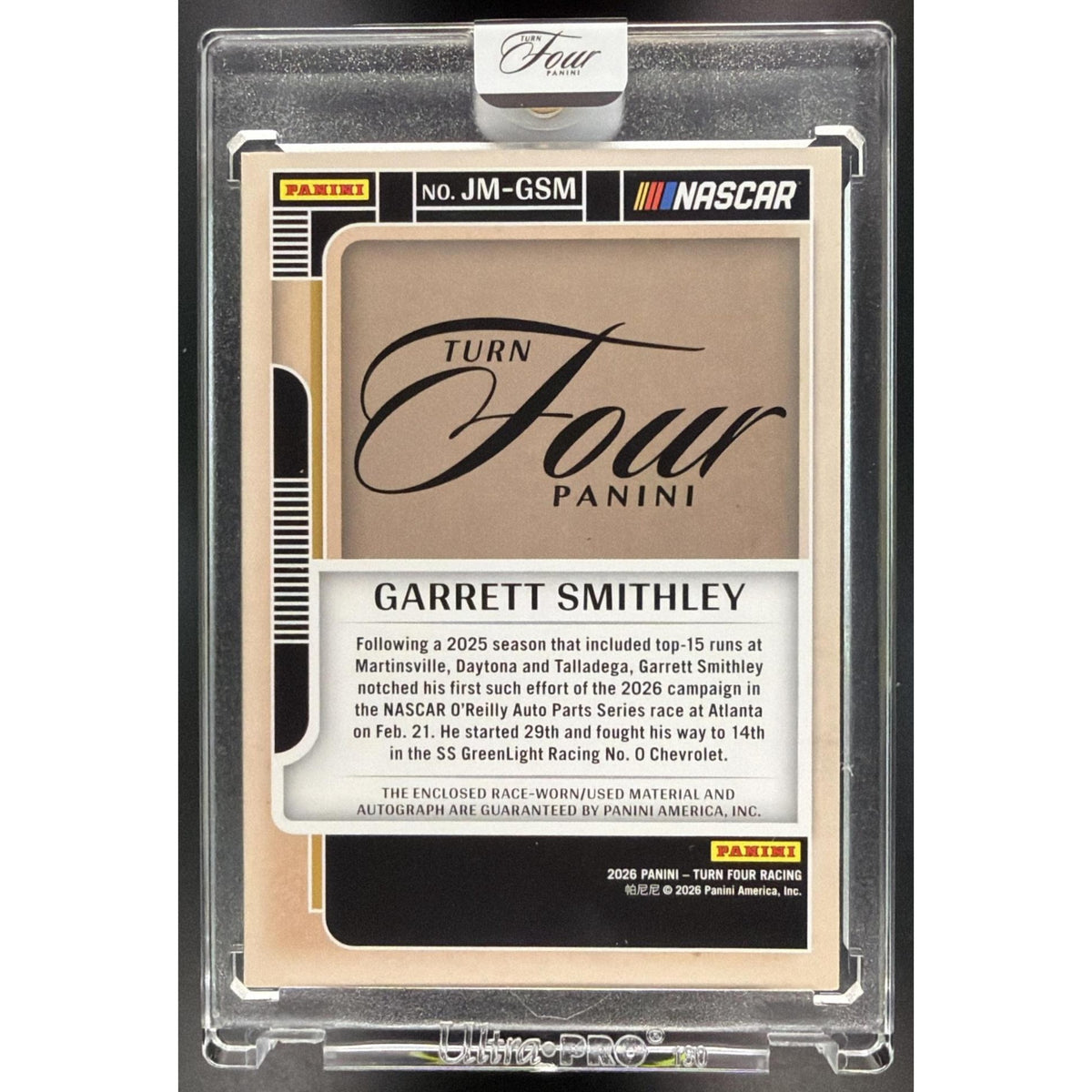 2026 Panini Four Racing Garrett Smithley #JM-GSM Jumbo Memorabilia 12/20 Non-Graded