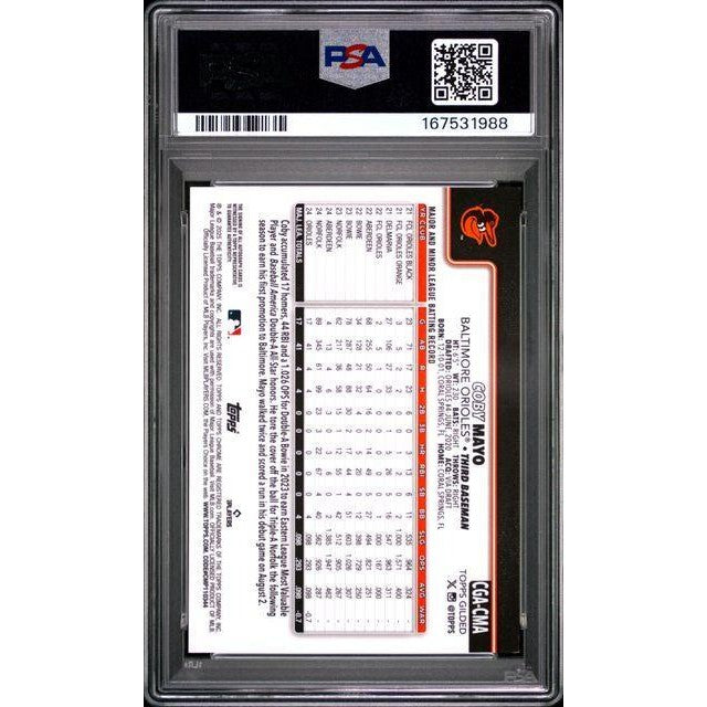 2025 Topps Gilded Collection Topps Chrome Gold Autographs #CGA-CMA Coby Mayo Blue/Gold Refractor PSA 9