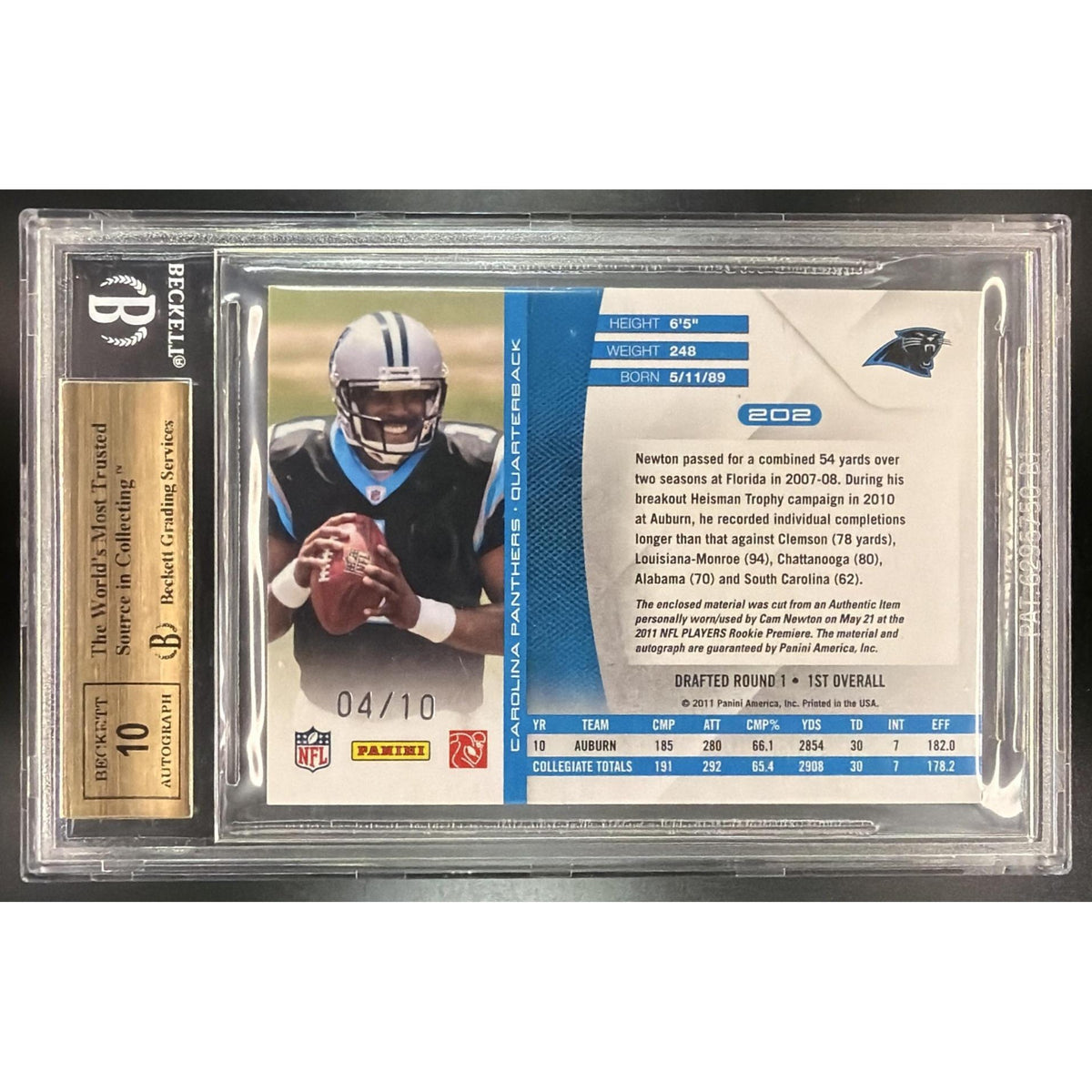2011 Cam Newton Rookie Graded Sports Card Back View with Serial Number and Stats