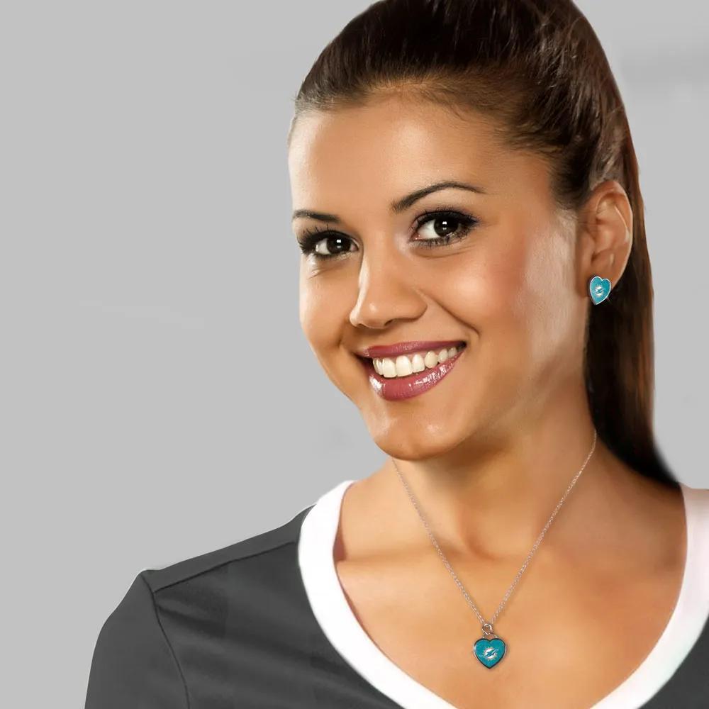 Miami Dolphins Heart Necklace with Glossy Insert – 18" Silver Chain