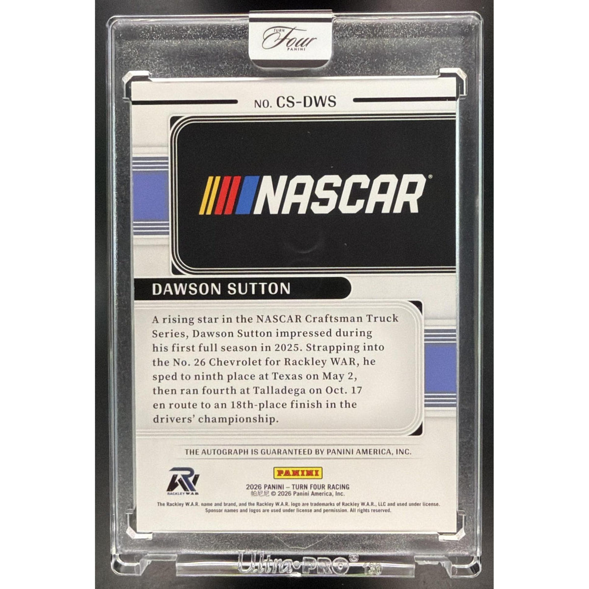 2026 Panini Turn Four Racing Center Stage Dawson Sutton #CS-DWS Autograph 05/75 Non-Graded