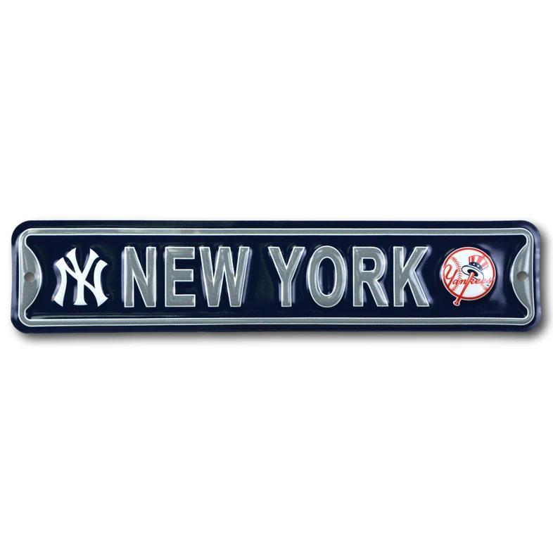 New York Yankees Double Logo Steel Embossed Mini Street Sign – 3.25" x 16" Official MLB Wall Décor