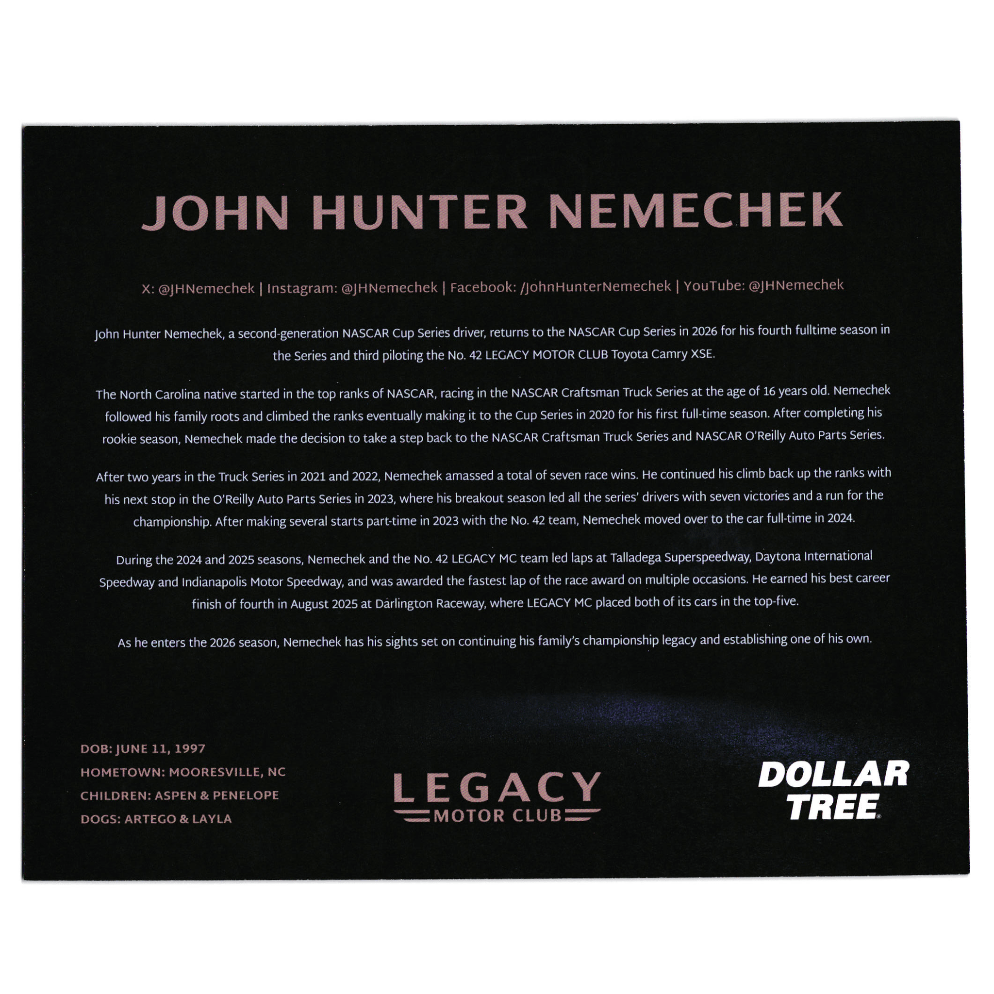 John Hunter Nemechek #42 Legacy Motor Club Dollar Tree NASCAR Hero Card