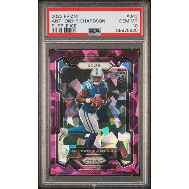 A graded 2023 Prizm Anthony Richardson football card in a PSA slab. The card is labeled 'Purple Ice' and features a colorful geometric purple, pink, and blue background with a photo of Richardson in his blue and white Colts uniform.