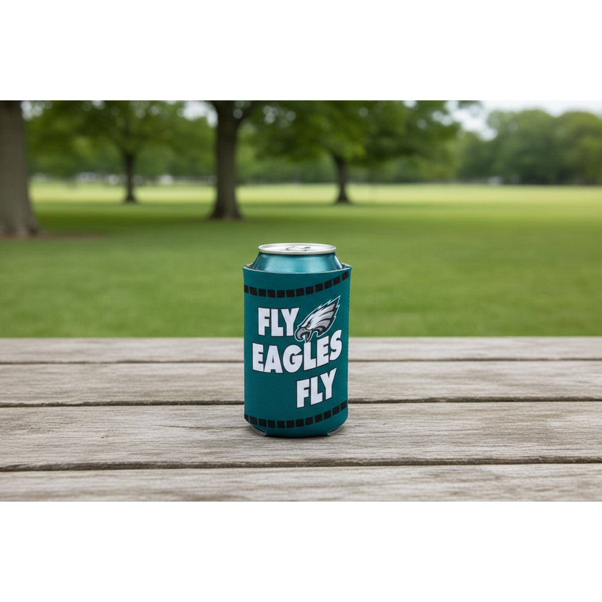 Can cooler with 'Fly Eagles Fly' text and logo on a wooden table outdoors.