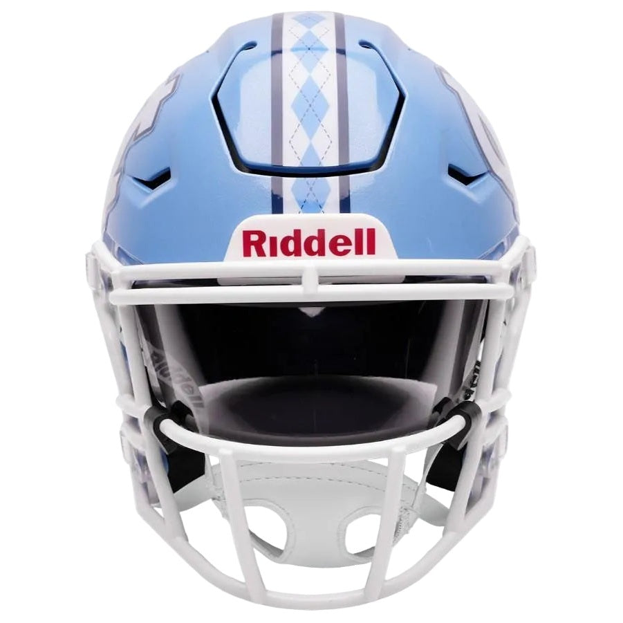 A light blue Riddell football helmet with a white faceguard, featuring a white and blue argyle stripe on the crown and a red Riddell logo on the forehead.
