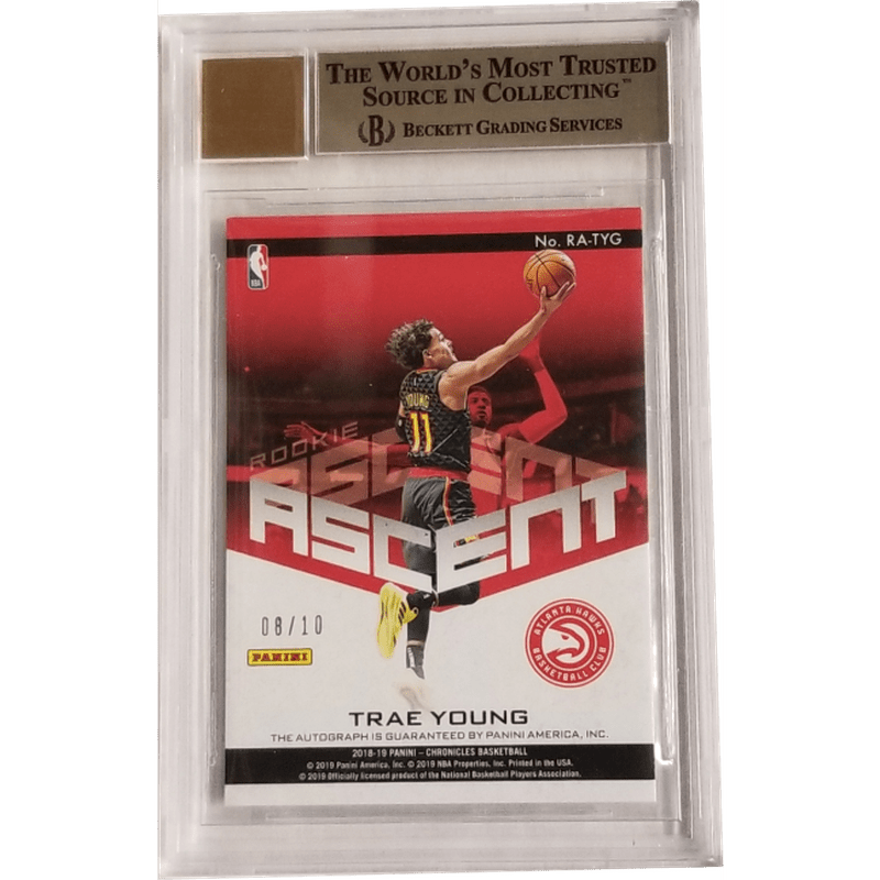 Trae Young: 2018-19 Panini Chronicles Ascension Rookie Ascent Autos Gold #11 Beckett 9.5