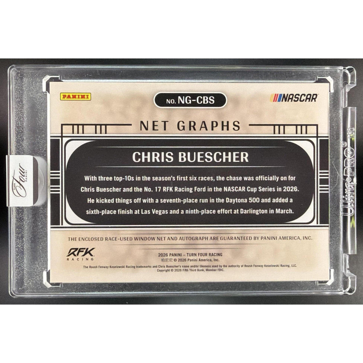 2026 Panini Four Racing Chris Buescher #NG-CBS Race-Used Driver Net 09/10 Non-Graded