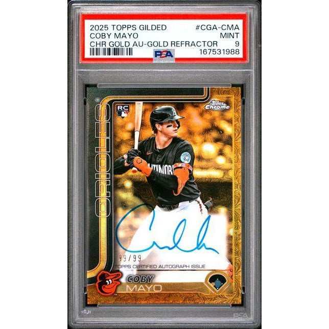 2025 Topps Gilded Collection Topps Chrome Gold Autographs #CGA-CMA Coby Mayo Blue/Gold Refractor PSA 9