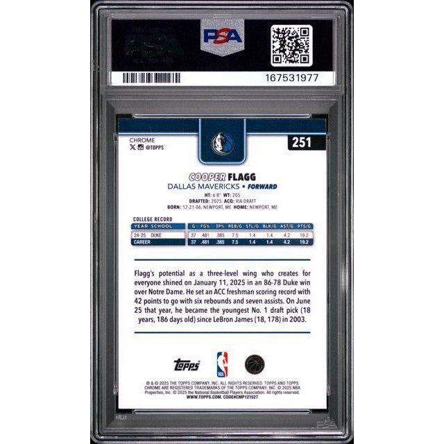 2025 Topps Chrome #251 Cooper Flagg X-Fractor PSA 10
