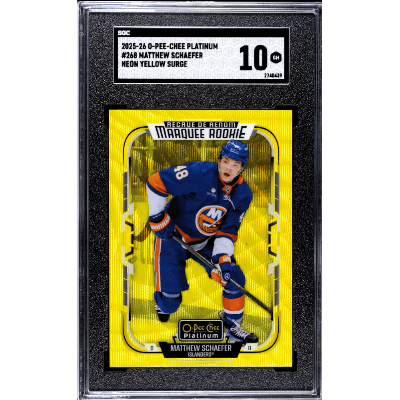 2025-26 O-Pee-Chee Platinum #268 Matthew Schaefer Neon Yellow Surge SGC 10