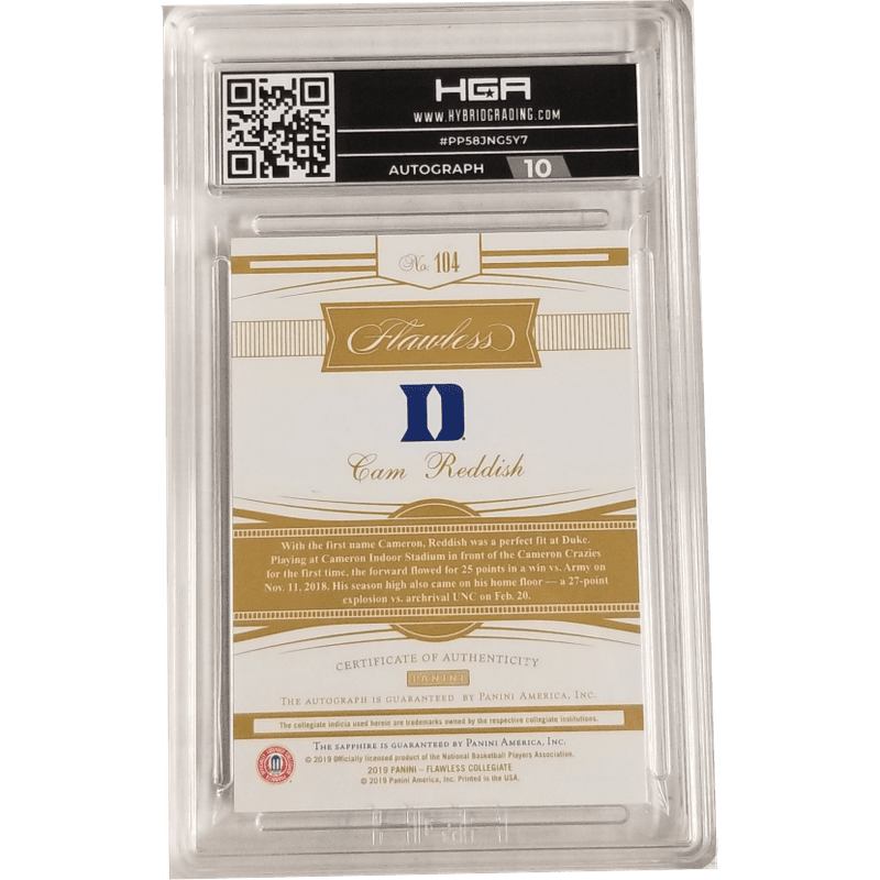 Cam Reddish: 2019-20 Panini Flawless Collegiate Rookie Gem Signature Sapphire #104 HGA 9.5