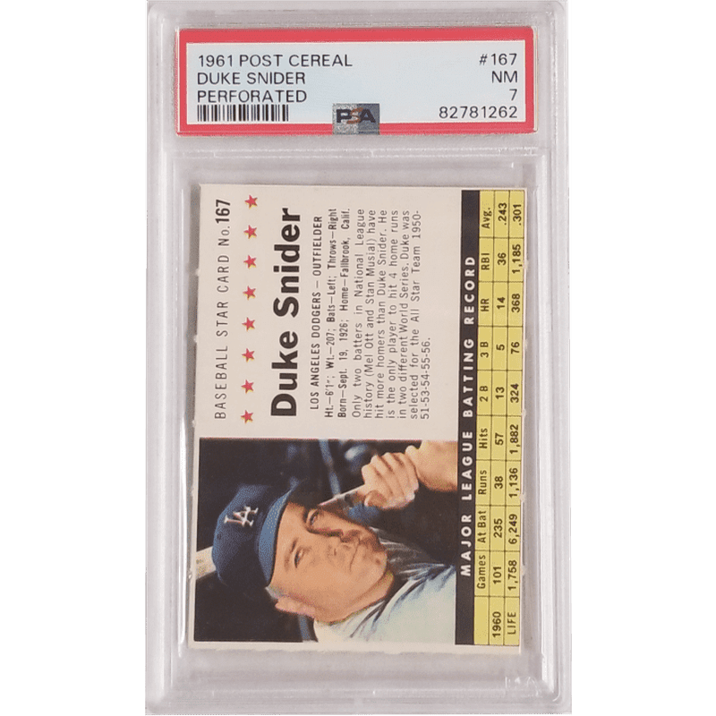 Duke Snider: 1961 Post Cereal Perforated #167 PSA 7