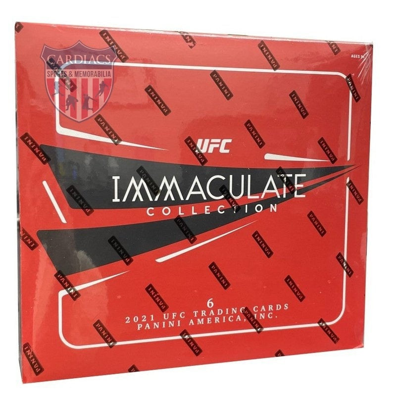 2021 Panini Immaculate UFC Hobby Box Immaculate UFC debuts with Panini's first on card autographs of the greatest UFC athletes, past and present! Look for 3 Autographs and 2 Memorabilia cards per box, on average! Collect a plethora of on-card autographed memorabilia cards, including the oversized Premium Memorabilia Autographs! Chase massive memorabilia swatches from multiple unique pieces of UFC equipment, including fight mats, gloves, shorts, walkout shirts and more!