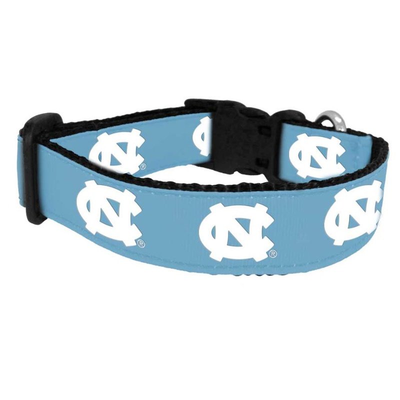 University of North Carolina Tar Heels Dog Collar. Every Tar Heel pup will love to rock this UNC collar! This TarHeel blue collar is made of double stitched grosgrain ribbon sublimated team logos on heavy duty nylon webbing. Completed with top quality hardware. Officially licensed product. Made in the USA