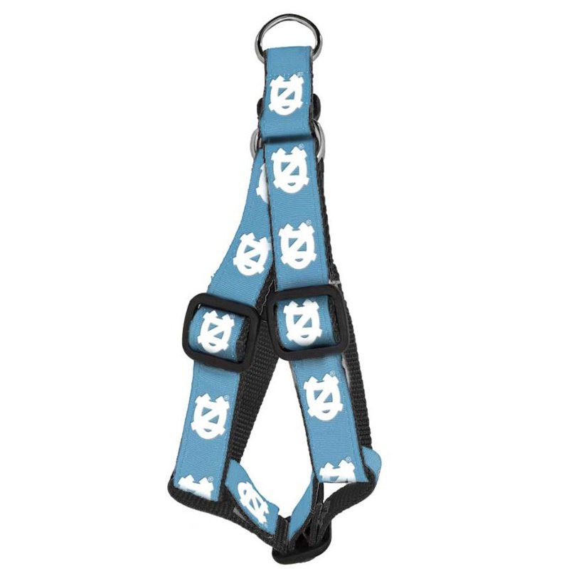Dog Step-In Harness: North Carolina Tar Heels Blue - Every Tar Heel pup will love to rock this UNC harness! This Tar Heel Blue collar is made of double stitched grosgrain ribbon sublimated team logos on heavy duty nylon webbing. Completed with top quality hardware. Matches our Dog Leash: North Carolina Tar Heels - Blue Officially licensed product. Made in the USA