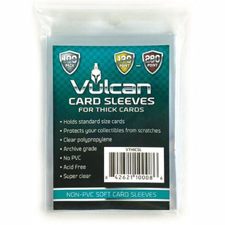 Don't take a chance with your valuable cards - protect them with Vulcan Shield Thick Card sleeves! These super clear polypropylene no PVC/Acid free sleeves are the perfect fit for standard size 130-280 point cards - 100 pack to keep them safe and sound! Be sure to arm yourself with the best protection for your cards!