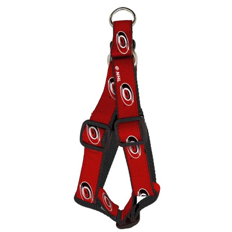 Dog Harness: Carolina Hurricanes - Red - Every Canes Canine will love to rock this Hurricanes harness! This red collar is made of double stitched grosgrain ribbon sublimated team logos on heavy duty nylon webbing. Completed with top quality hardware. Matches our Dog Leash: Carolina Hurricanes - Red Officially licensed product. Made in the USA
