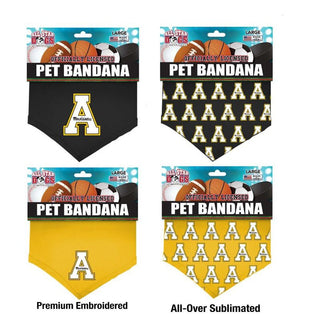 Appalachian State Mountaineers Pet Bandana  Cotton Shirting pet bandana with embroidered team logo. Also available as all-over print sublimated poly blends. Traditionally tied or with the collar running through the opening.  Sizes: Small – 22", Large – 30"  Officially licensed product.  Made in the USA