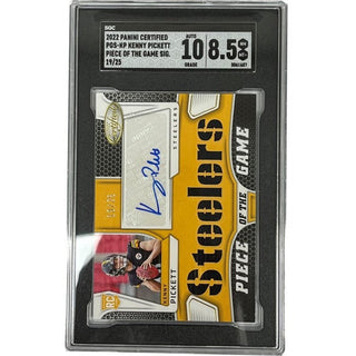Experience the action with this exclusive Kenny Pickett 2022 Panini Certified Piece of the Game PGS-KP card, numbered 19/25 and SGC graded 8.5. Show off your knowledge and add a special piece to your collection, perfect for any die-hard fan of the sport!