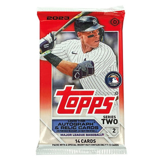 Round the bases into the future with the 2023 Topps Series 2 Baseball Hobby Box! Chase an autograph, relic card, or even a Hobby Exclusive Manufactured Item Card! Fourteen 2023 Topps Baseball Series 2 Cards per pack, hits and runs guaranteed! Don't be stuck on the bench - swing into the action today!