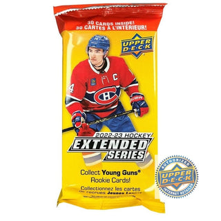 Take your collection to the next level with the 2022-23 Upper Deck Extended Series Fat Packs! Base set: 200 veteran players, 30 Young Guns, and 20 1st Round Rookies to complete the 2022/23 set. This is the perfect way to complete your collection with the ultimate hockey fan experience!  Pack contains 30 cards