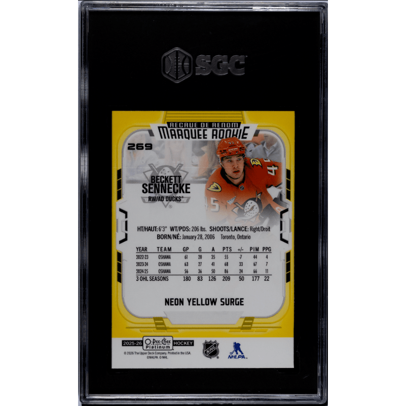 2025-26 O-Pee-Chee Platinum #269 Beckett Sennecke Neon Yellow Surge SGC 10