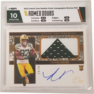Catch a glimpse of the future – a stunning Romeo Doubs Rookie Card! 2022 Panini One Rookie Patch Autographs Bronze #22 with HGA grade 10, this card is the definition of pristine. Be inspired by this piece of sports memorabilia and become part of the legacy of a rising star!  Numbered 24/49