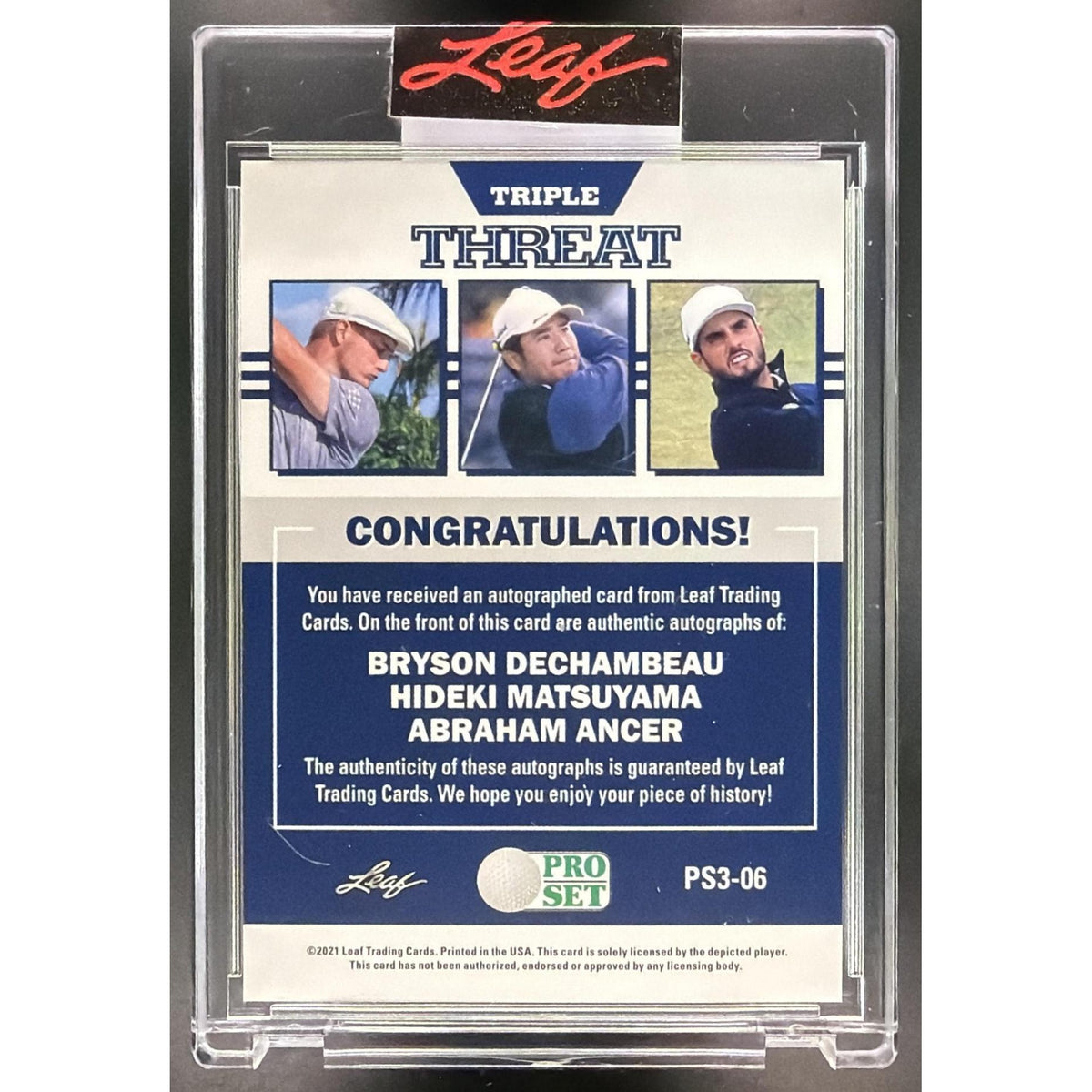 Abraham Ancer / Hideki Matsuyama / Bryson DeChambeau – Leaf Triple Threat Golf Card 5/7 Non-Graded
