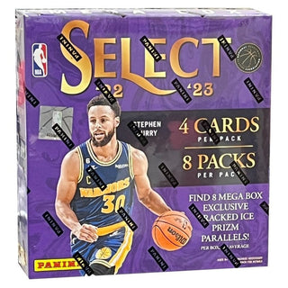 Unlock the full power of the 2022-23 Panini Select Basketball Mega Box. Get 4 cards per pack and 8 packs per box featuring 8 Mega Box Exclusive Cracked Ice Prizm parallels. Look for retail exclusive autographs and even Ultra-Rare Elephant Prizms! Don't miss out: open the box and experience the thrill of a lifetime!