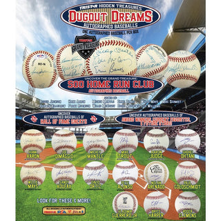Experience the thrill of uncovering baseball history with the 2023 Tristar Hidden Treasures Dugout Dreams Autographed Baseball! Enjoy the hunt for Hall of Fame Greats, Award Winners, Current Favorites, and Future Stars. Who knows? You could be the one to find the Grand Treasure - a 500 Home Run Club multi-signed baseball featuring Mickey Mantle and 10 more signatures! Get ready for your ultimate dugout dream!  1 Autograph Baseball per Box
